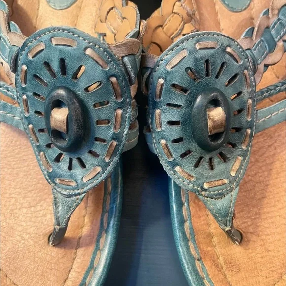 Earth Wander Leather Teal Thong Sandals Women’s 8B Cushioned Slight Wedge - Picture 3 of 11